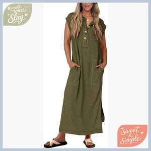 Ribbed Knit Maxi Dress, Henley Button Up, Cap Sleeve, Maternity Friendly